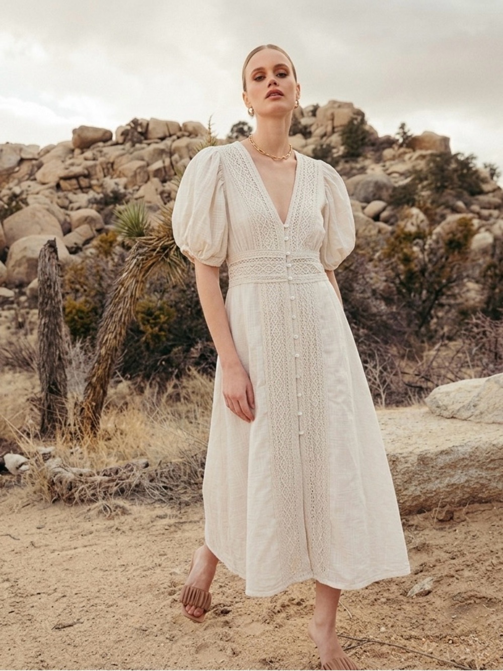 Cleobella Organic Cotton Lace Trim Button Maxi Dress Cream Puff Sleeve Boho